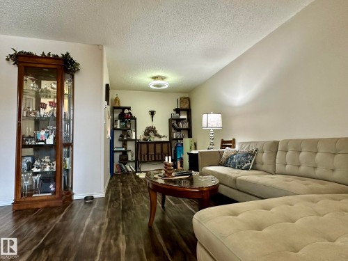 Wood-finish flooring extends throughout this interior space, featuring light-toned walls and a textured ceiling - 211 9619 174 Street, Edmonton, AB - Indoor Photo Showing Living Room