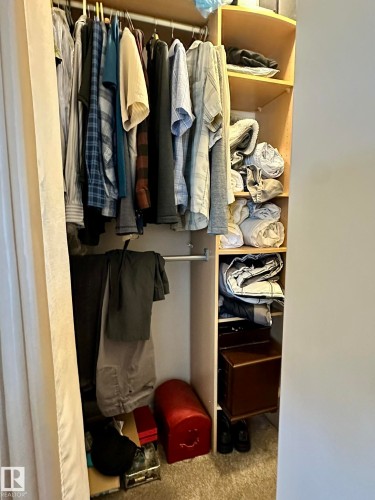 Custom closet system featuring multiple hanging rods, integrated shelving units, and carpeted flooring - 211 9619 174 Street, Edmonton, AB - Indoor With Storage