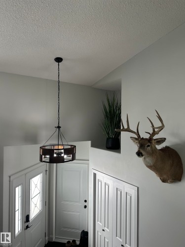 Foyer featuring a decorative chandelier with a dark metal frame, white panel doors, and a double-door closet with louvered panels - 4926 58 Ave, Cold Lake, AB - Indoor Photo Showing Other Room