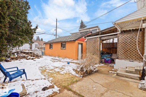Backyard featuring a concrete patio, an attached lattice-paneled structure, and an orange-hued detached storage building with two windows - 7703 77 Avenue, Edmonton, AB 