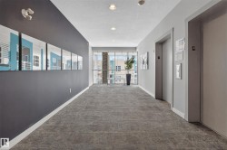 Well-lit corridor featuring recessed lighting, full-height windows, elevator access, and textured gray carpeting - 