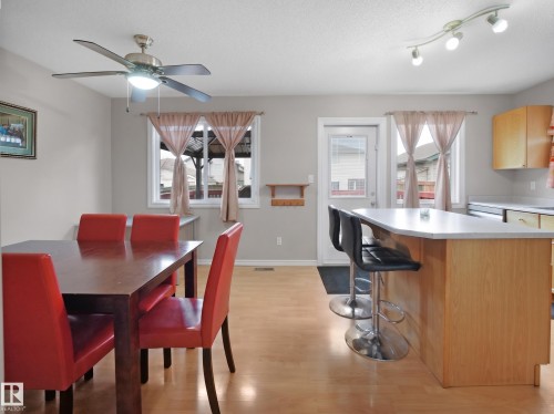 Open-concept kitchen and dining area featuring wood-finish flooring, a ceiling fan with integrated lighting, and track lighting - 21379 89 Avenue Nw, Edmonton, AB - Indoor