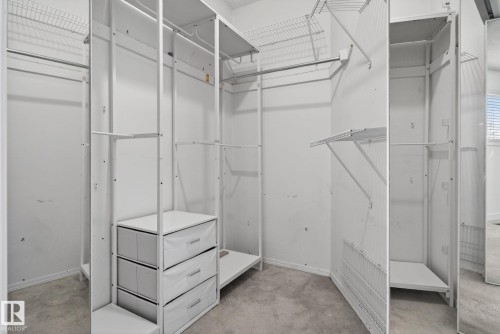 Walk-in closet featuring carpet flooring, built-in shelving, hanging rods, and integrated drawer storage - 18604 97A Avenue, Edmonton, AB - Indoor