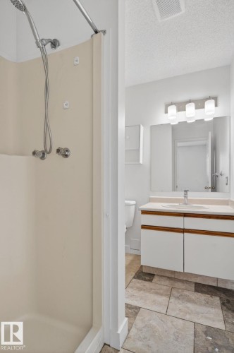 Bathroom featuring a shower stall with handheld showerhead, a vanity with a drop-in sink, an overhead light fixture, and large format tile flooring - 18604 97A Avenue, Edmonton, AB - Indoor Photo Showing Bathroom