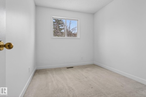 Bright interior space featuring a window with exterior tree scenery, light-toned carpeting, white baseboards, and a neutral wall palette - 18604 97A Avenue, Edmonton, AB - Indoor Photo Showing Other Room