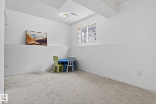 Carpeted room featuring a drop ceiling, white painted walls, and a single window with grilles - 18604 97A Avenue, Edmonton, AB - Indoor Photo Showing Other Room