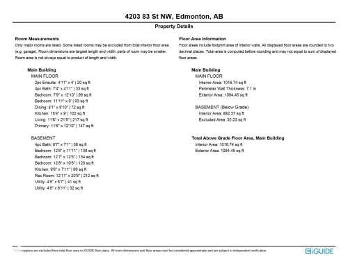 Property Details. Displaying room measurements and floor area information for the property - 4203 83 Street, Edmonton, AB - Other