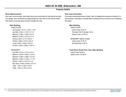 Property Details. Detailing room measurements and floor area information for the property - 4203 83 Street, Edmonton, AB - Other