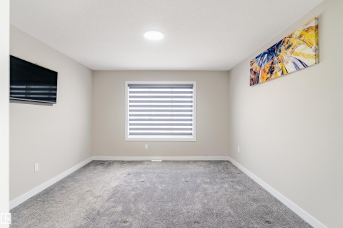 Carpeted room featuring a single window with horizontal blinds, a ceiling-mounted light fixture, and light-toned wall paint - 2 Edison Drive, St. Albert, AB - Indoor Photo Showing Other Room