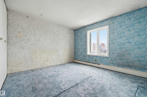 Room featuring a double-pane window, blue patterned wallpaper, textured wall finish, and wall-to-wall carpeting - 701 10135 116 Street Nw, Edmonton, AB - Indoor Photo Showing Other Room