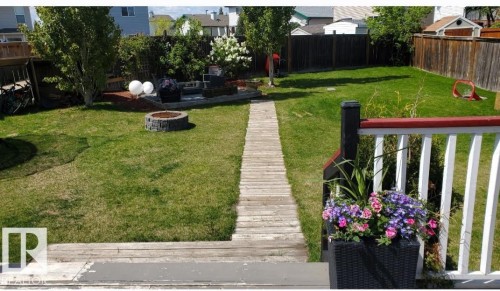 Expansive backyard featuring a lush lawn, a wooden pathway, and a stone fire pit - 3518 18 Street, Edmonton, AB - Outdoor With Backyard