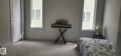 Carpeted room featuring two vertical windows with white trim and a white door with black hardware - 