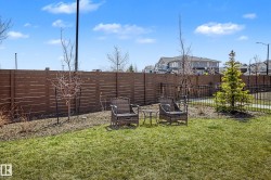 Manicured lawn with a brown privacy fence, black wrought iron fencing, and established evergreen plantings - 
