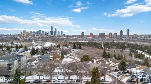 Expansive aerial perspective showcasing a neighborhood with detached residences and multi-story buildings - 10630 82 Street, Edmonton, AB - Outdoor With View