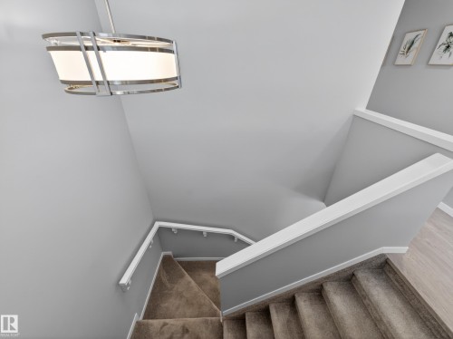 Staircase with carpeted treads and risers, white handrails, and a contemporary drum pendant light fixture - 323 Balsam Link, Leduc, AB - Indoor Photo Showing Other Room