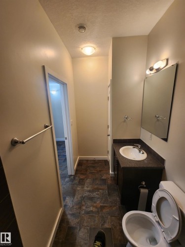 Half bathroom featuring a textured ceiling, vanity, and stone finish flooring - 12246 103 Street Nw, Edmonton, AB - Indoor Photo Showing Bathroom