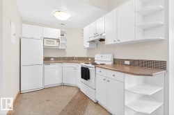 Kitchen featuring white cabinetry, built-in microwave, white refrigerator, and white dishwasher - 