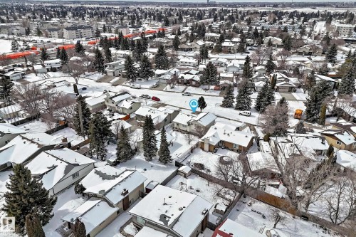 An aerial view showcasing the property situated within a residential area featuring numerous trees and snow-covered rooftops - 8733 181A Street Nw, Edmonton, AB - Outdoor With View