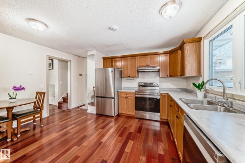The property features a kitchen with wood cabinetry, stainless steel appliances, and a double basin sink - 8733 181A Street Nw, Edmonton, AB - Indoor Photo Showing Kitchen With Double Sink