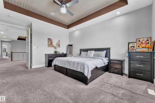 Spacious bedroom featuring plush gray carpeting and a tray ceiling with a metallic pattern insert - 1404 25 Street, Edmonton, AB - Indoor Photo Showing Bedroom