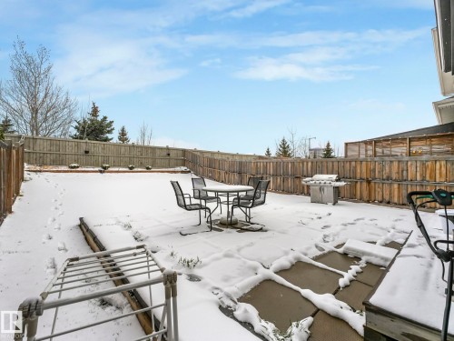 Fenced backyard featuring a patio area with paving stones, a built-in planter, and exterior lighting elements - 21851 80 Avenue, Edmonton, AB - Outdoor
