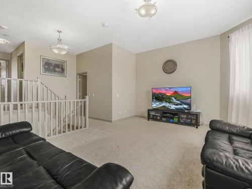 Carpeted living area featuring high ceilings and neutral wall tones - 21851 80 Avenue, Edmonton, AB - Indoor
