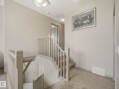 Carpeted staircase with light-toned railings and balusters - 21851 80 Avenue, Edmonton, AB - Indoor Photo Showing Other Room