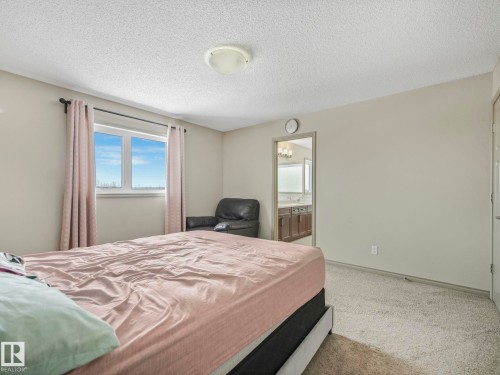 Carpeted room with a double-pane window, textured ceiling, and a flush-mount ceiling light - 21851 80 Avenue, Edmonton, AB - Indoor Photo Showing Bedroom