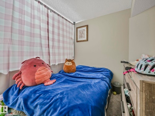 Carpeted room with a textured ceiling, neutral-toned walls, and a window featuring pink and white gingham curtains - 21851 80 Avenue, Edmonton, AB - Indoor Photo Showing Bedroom