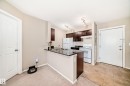 Open-concept living space featuring a kitchen with dark wood-finish cabinetry, a white dishwasher, a double basin sink, and a track light fixture - 404 12025 22 Avenue Sw, Edmonton, AB  - Indoor Photo Showing Kitchen With Double Sink 