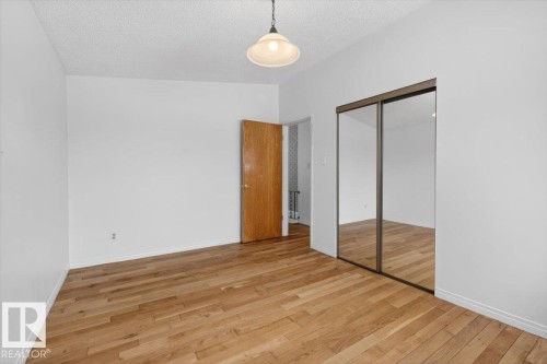 Room featuring wood-finish flooring, white walls, and a textured ceiling - 6018 105A Street, Edmonton, AB 