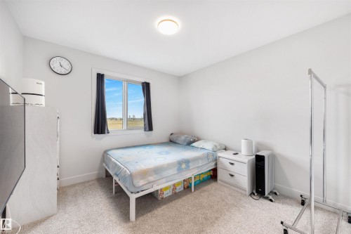 Bright room featuring a window with dark drapes, light-colored carpeting, a ceiling-mounted light fixture, and white painted walls - 3193 Checknita Way, Edmonton, AB - Indoor Photo Showing Bedroom