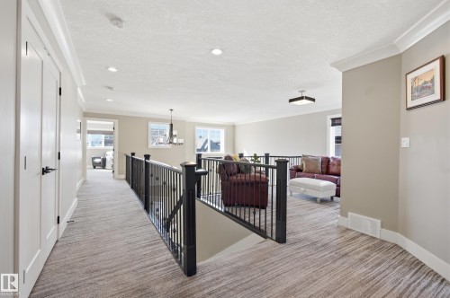 The property features a hallway with light-colored walls and a patterned carpet, leading to an open area visible through a black metal railing - 2018 Armitage Green, Edmonton, AB - Indoor Photo Showing Other Room