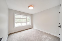 Light-filled room featuring a large window, neutral wall paint, plush carpeting, white baseboards, and a modern ceiling light fixture - 