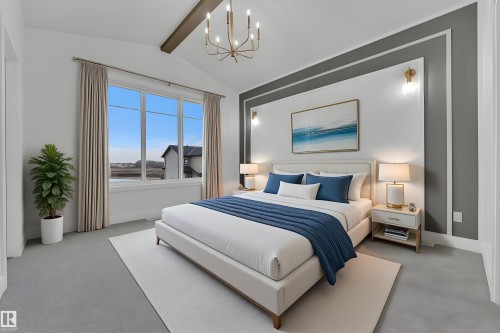 Vaulted ceiling with exposed wood-finish beam and a modern chandelier - 456 Crystal Creek Link, Leduc, AB - Indoor Photo Showing Bedroom