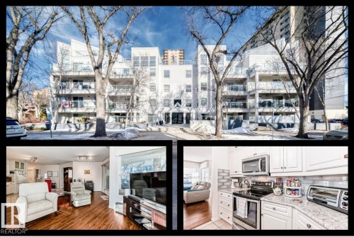 Property Listing. Showcasing the exterior building and two interior rooms of the property - 108 12028 103 Avenue, Edmonton, AB - 