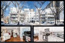 Property Listing. Showcasing the exterior building and two interior rooms of the property - 108 12028 103 Avenue, Edmonton, AB  -  