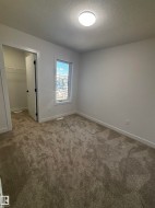 The room features soft carpeting, a window providing natural light, and a closet with shelving - 