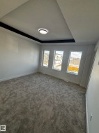 This room features gray carpeting, white walls, and a dropped ceiling with a recessed light fixture and black trim - 