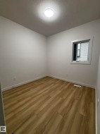 This room features light-toned plank flooring, white walls, and a ceiling-mounted light fixture - 