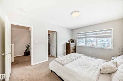 This room features light-colored walls and carpeting, a window with blinds, and a ceiling light fixture - 2329 82 Street, Edmonton, AB - Indoor Photo Showing Bedroom