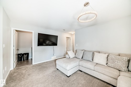 Living area featuring light gray walls, a carpeted floor, and a modern circular chandelier - 2329 82 Street, Edmonton, AB - Indoor Photo Showing Living Room