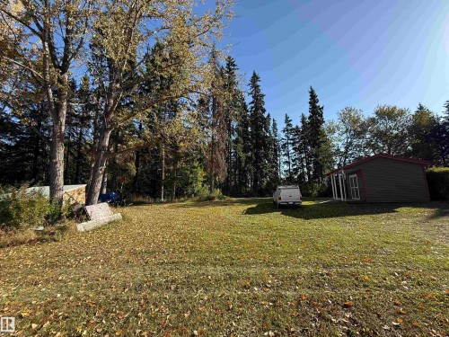 Expansive grassy area surrounded by mature trees, featuring a detached structure with dark green siding and a red roof - 63218 Range Road 254, Rural Westlock County, AB 