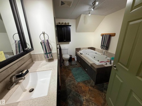Bathroom featuring a jetted tub, slate-finish floor tiling, vanity with integral sink, black wood-finish medicine cabinet, and wall-mounted track lighting - 63218 Range Road 254, Rural Westlock County, AB 