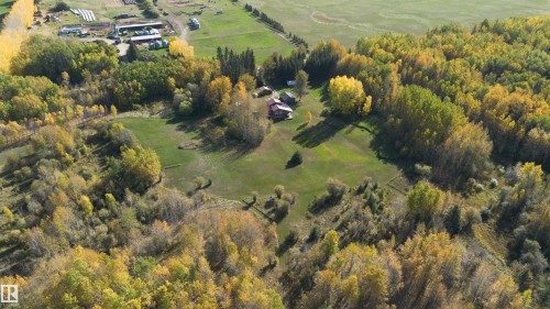 Expansive property featuring a central residence, multiple accessory structures, and extensive mature trees showcasing seasonal foliage - 63218 Range Road 254, Rural Westlock County, AB 