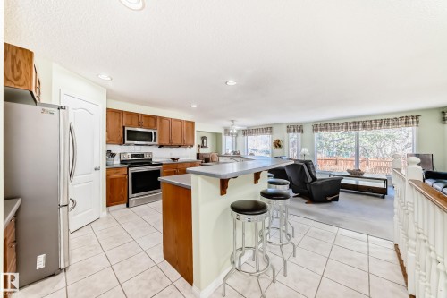 Spacious kitchen featuring tile flooring, wood cabinetry, stainless steel appliances, and a breakfast bar - 17 Springfield Crescent, St. Albert, AB - Indoor Photo Showing Kitchen