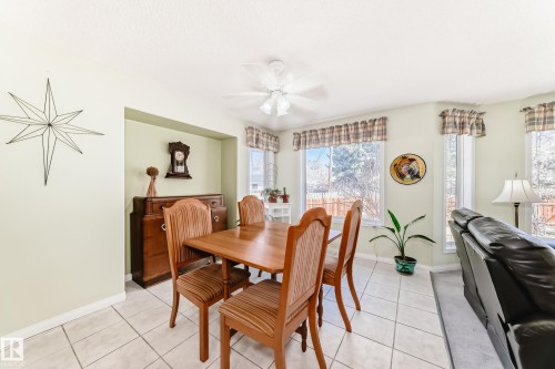 Dining area featuring light-toned walls, a ceiling fan, and multiple windows - 17 Springfield Crescent, St. Albert, AB - Indoor Photo Showing Dining Room