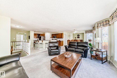 Carpeted living area featuring light green walls and a large window with natural light - 17 Springfield Crescent, St. Albert, AB - Indoor Photo Showing Living Room
