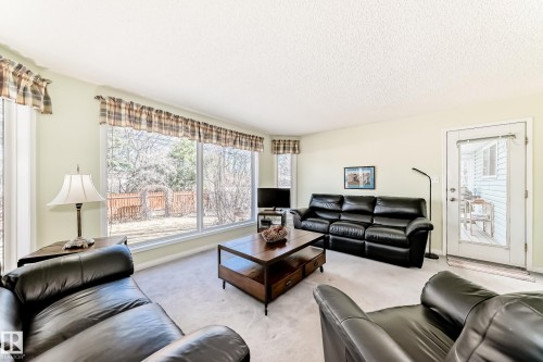 Spacious living area featuring light-toned walls, neutral carpeting, and large windows providing abundant natural light - 17 Springfield Crescent, St. Albert, AB - Indoor Photo Showing Living Room