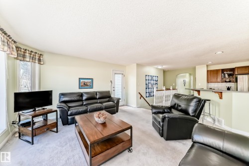 Open-concept living space featuring light-toned wall paint and carpeted flooring - 17 Springfield Crescent, St. Albert, AB - Indoor Photo Showing Living Room